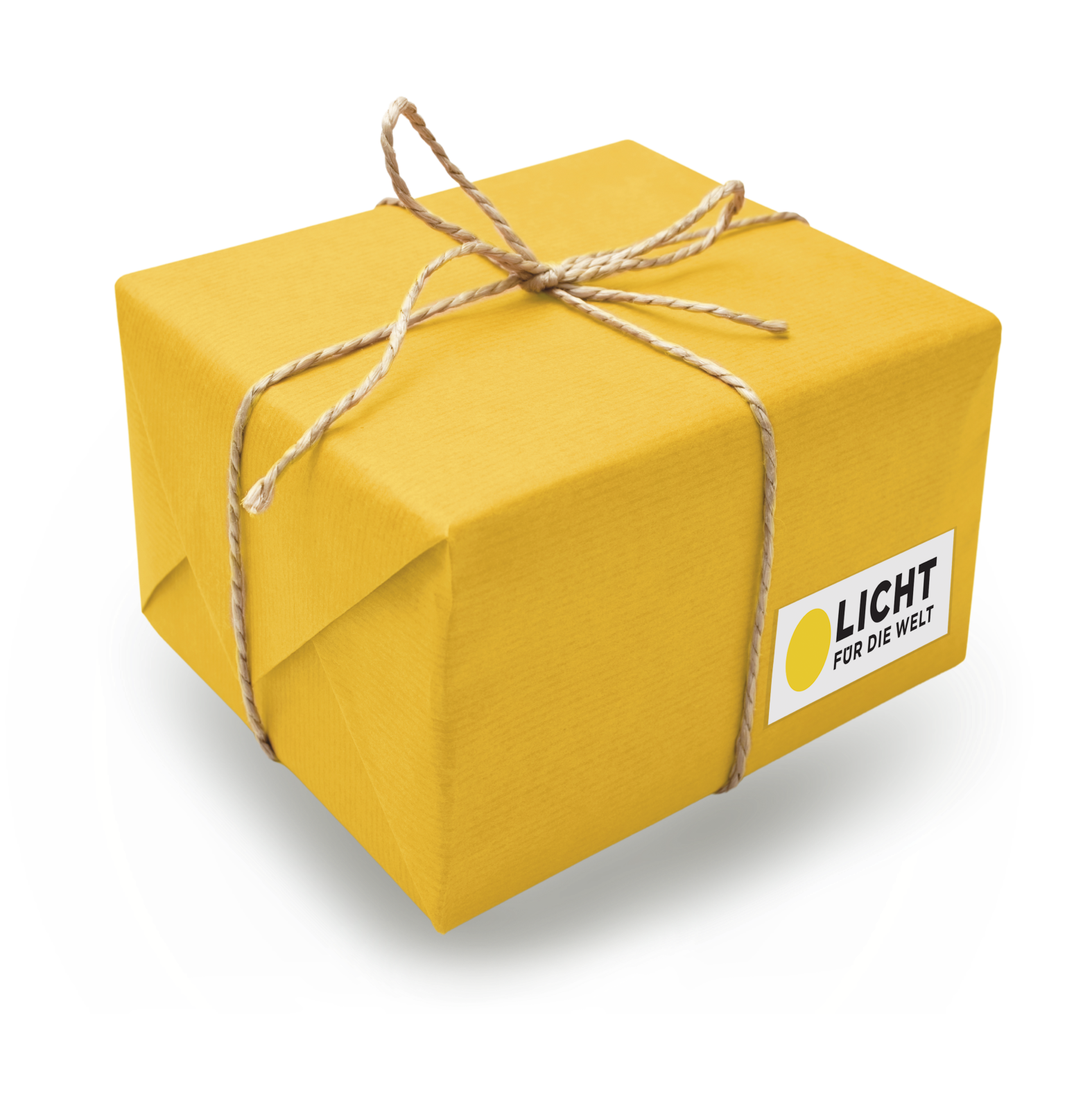 Ein gelbes Päckchen mit dem Logo von Licht für die Welt